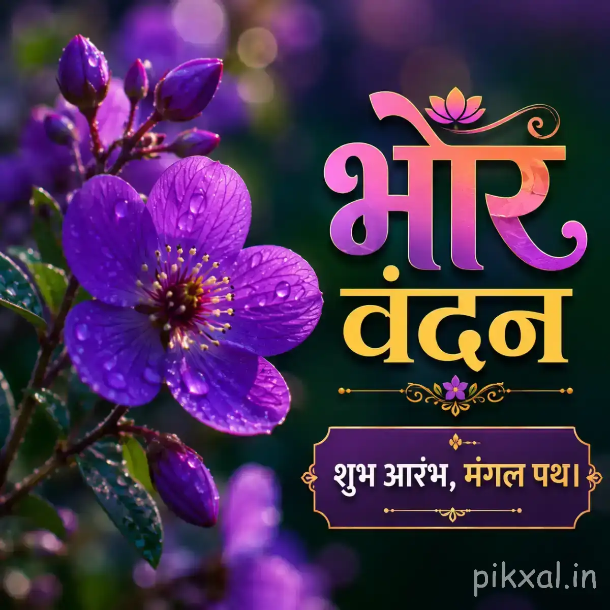 Several purple flowers with dark centers and green leaves against blurred greenery with a Hindi morning wish