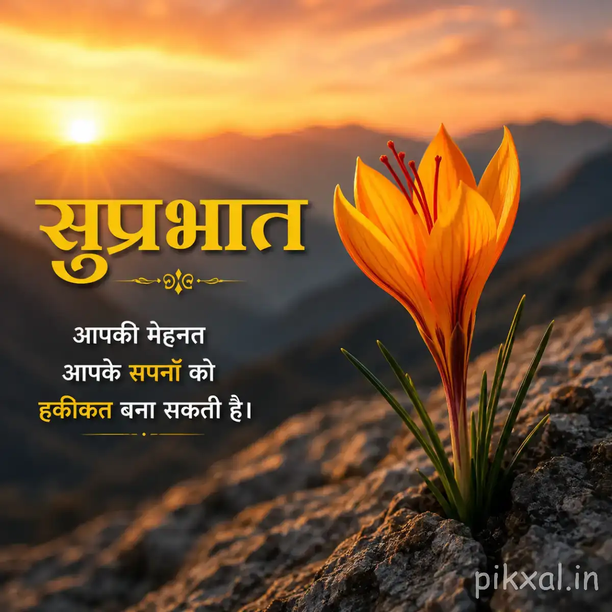 Single orange flower with narrow upright petals growing beside a mountain landscape at sunrise with a Hindi Good Morning wish
