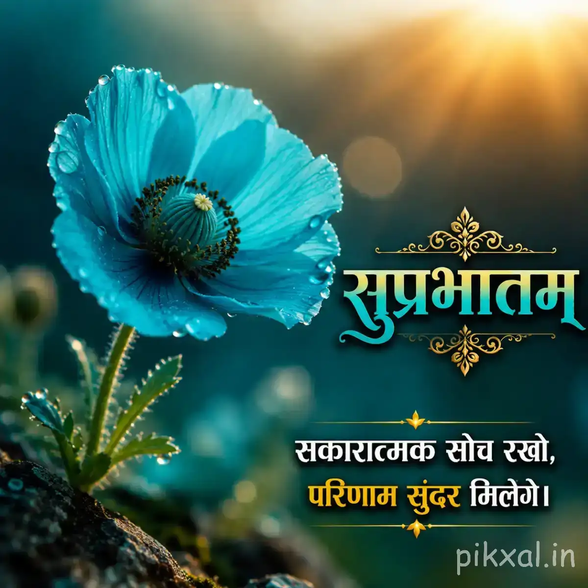 Single turquoise-blue flower with broad layered petals and dark center against glowing teal foliage with a Hindi Good Morning message
