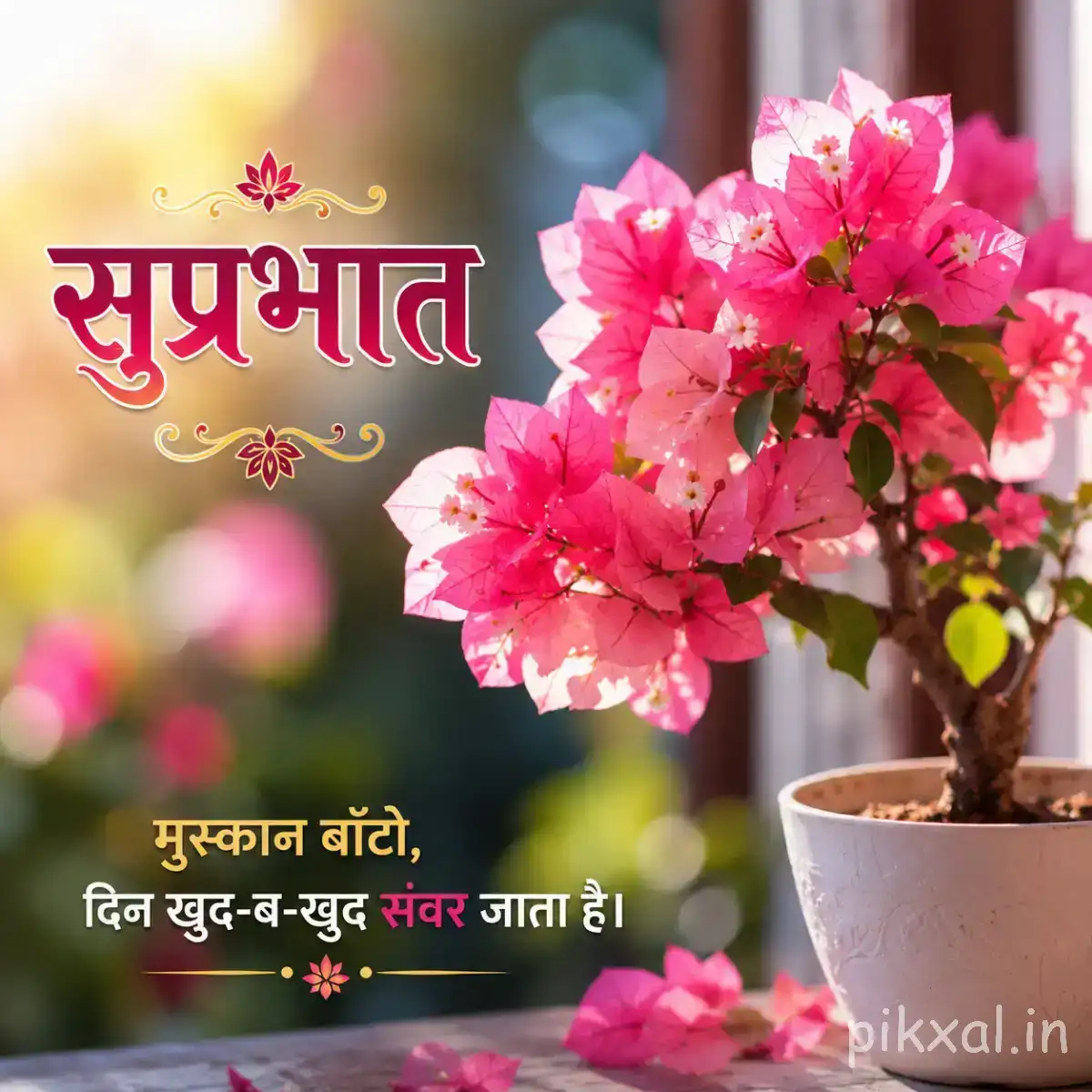 Cluster of bright pink flowers with green leaves in a small pot against softly blurred greenery with a Hindi morning greeting
