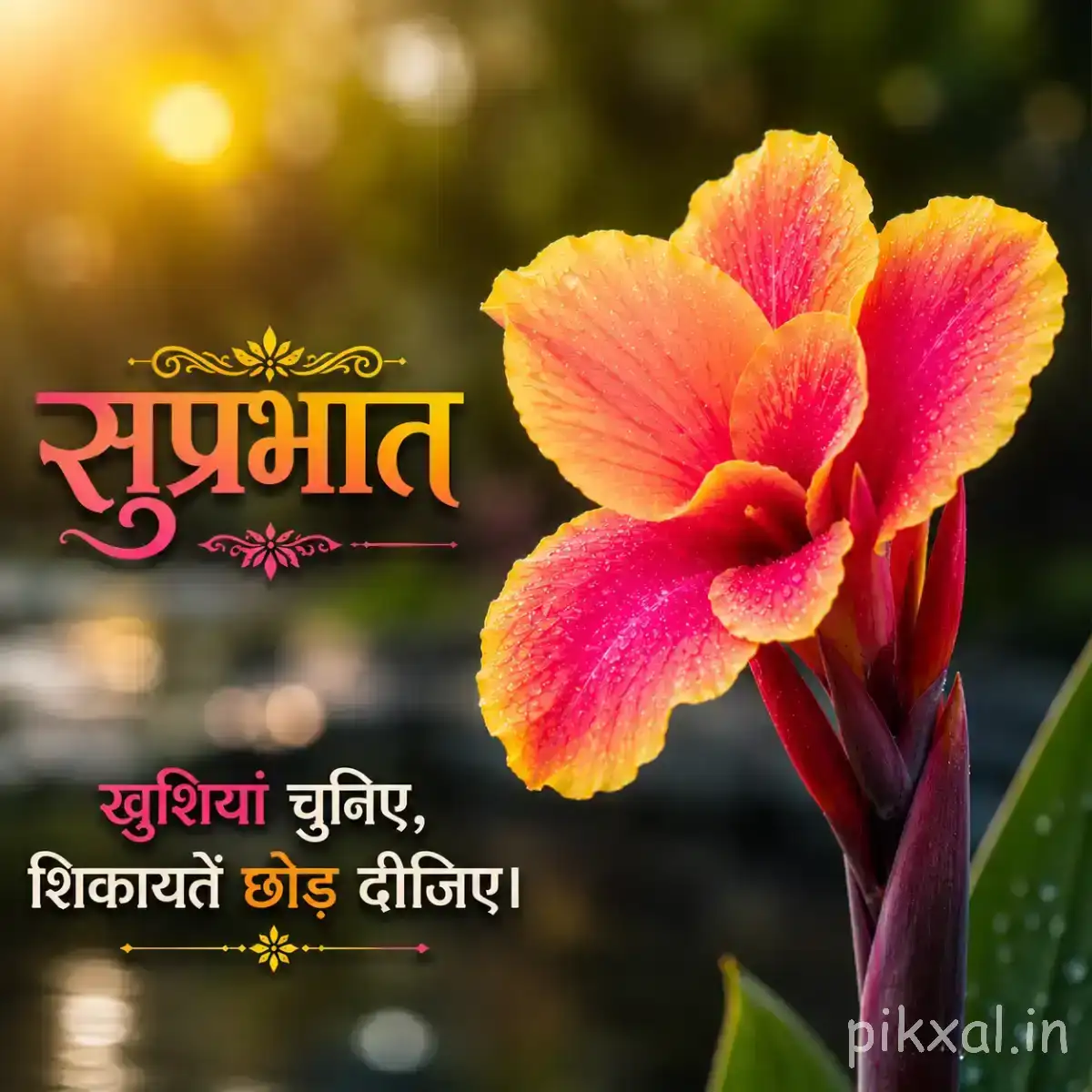 Single pink and yellow flower with broad overlapping petals and upright buds against warm blurred greenery with a Hindi morning wish