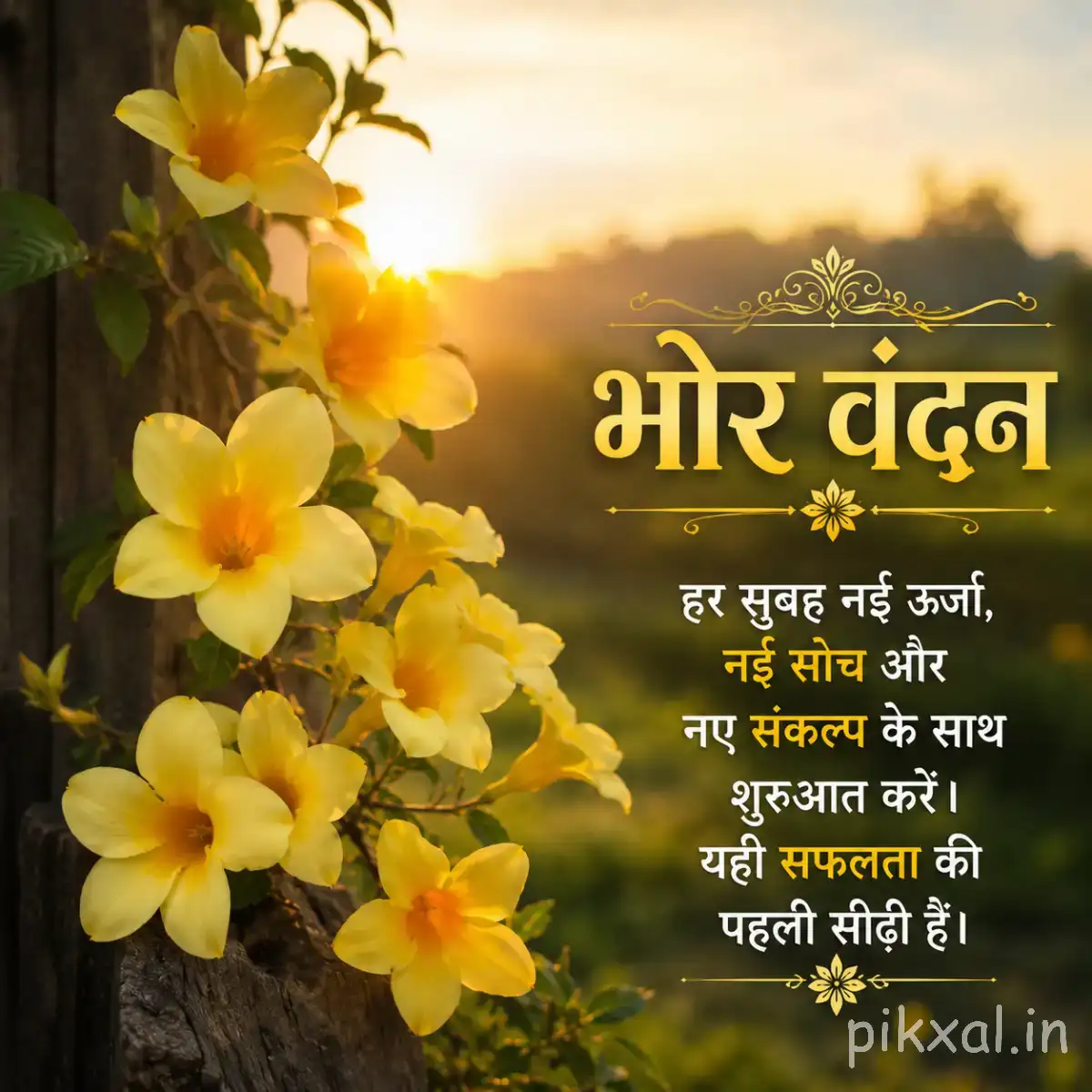 Several small yellow flowers on leafy stems against a warm sunrise background with a Hindi morning wish