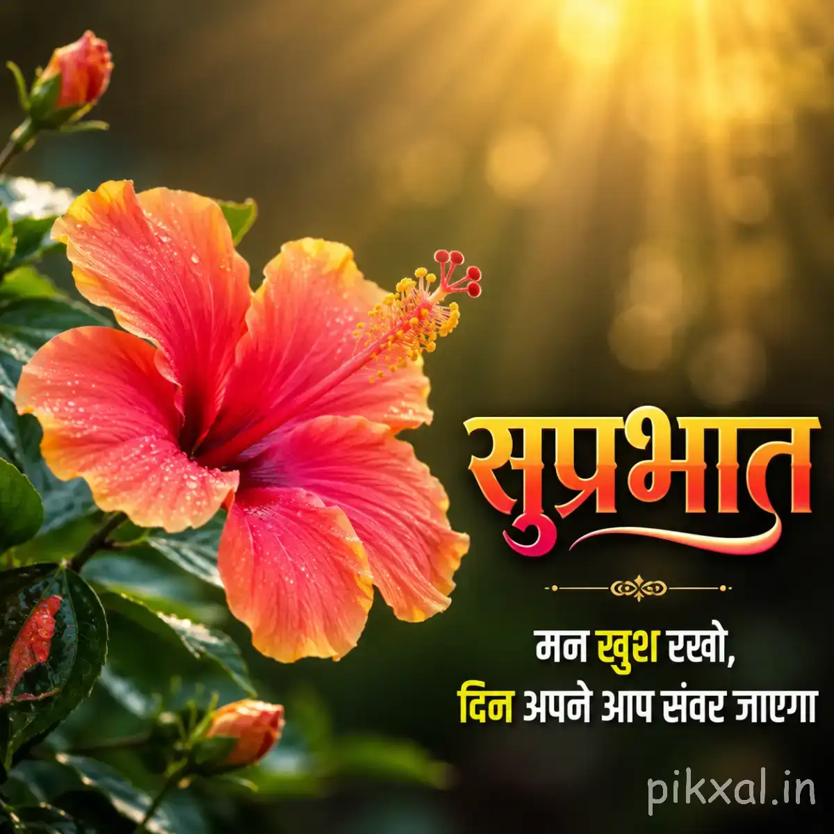 Large pink and orange flower with broad petals, green leaves, and an unopened bud against warm sunlight with a Hindi Good Morning wish