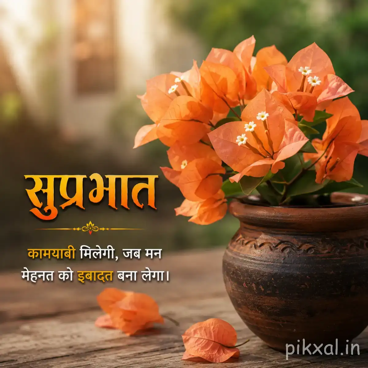 Cluster of small orange flowers in a brown pot with scattered fallen petals and a Hindi Good Morning message