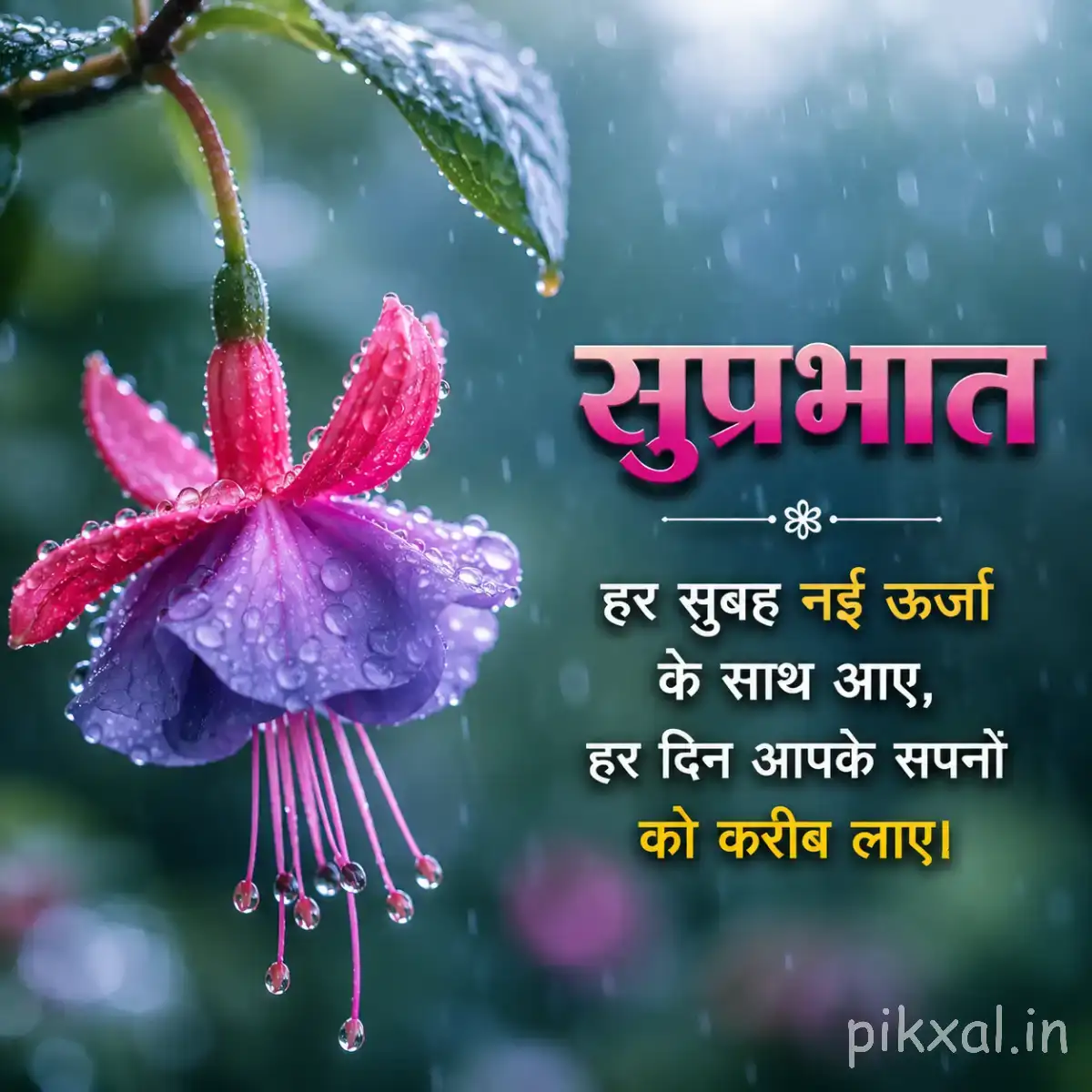 Pink and purple hanging flower with long slender petals and droplets against blue-green foliage with a Hindi morning greeting