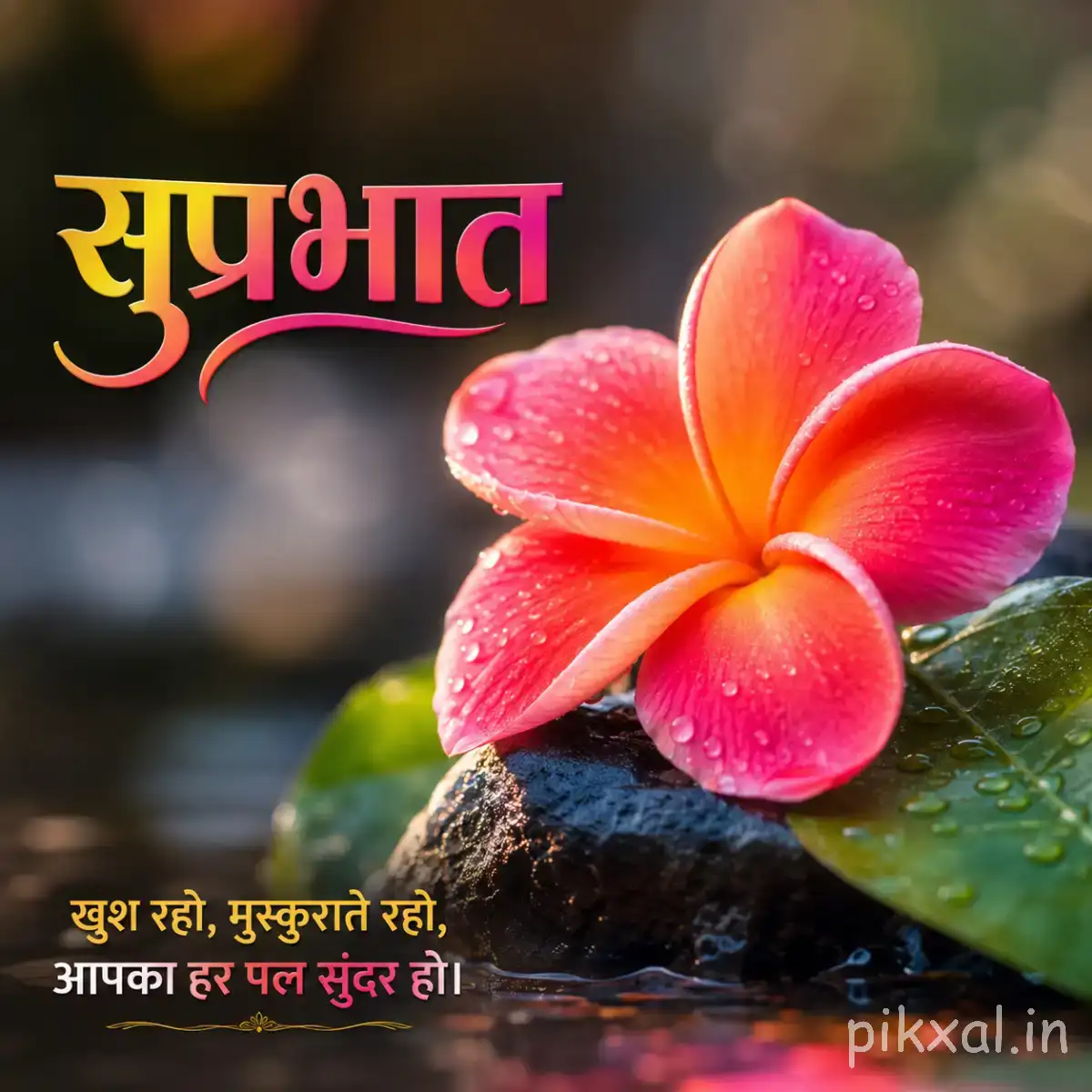 Single pink and orange flower with broad overlapping petals against dark blurred foliage with a Hindi Good Morning wish