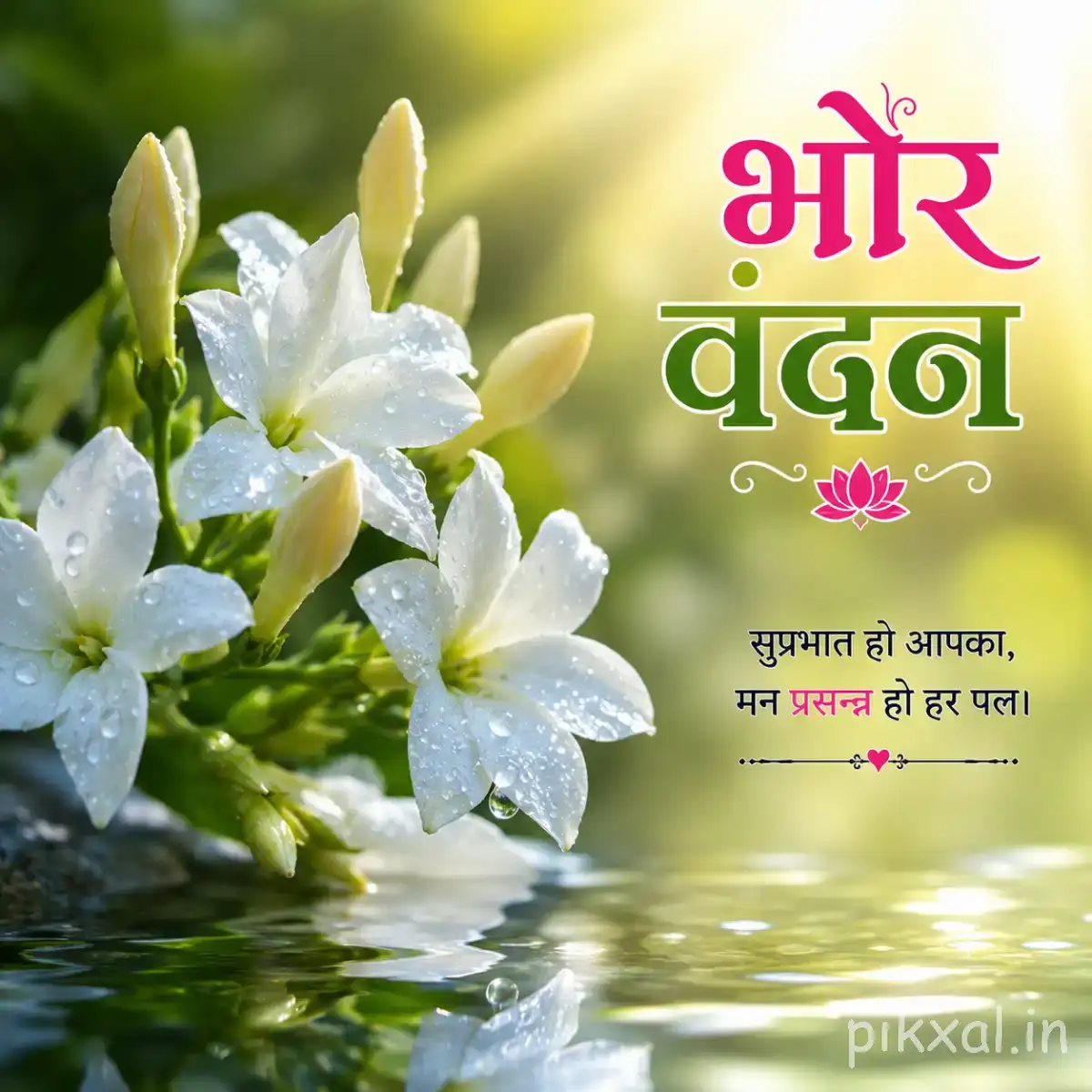 Several white star-shaped flowers with green leaves against a softly blurred background with a Hindi morning greeting