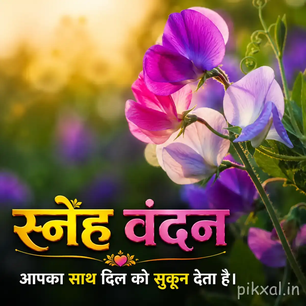 Several pink and lavender hanging flowers on slender stems with green leaves against blurred garden greenery and a Hindi morning message
