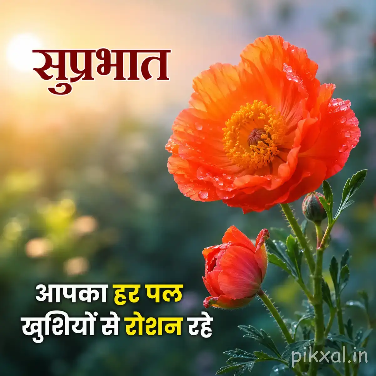 Single bright orange flower with layered petals and green leaves against warm blurred greenery with a Hindi Good Morning greeting