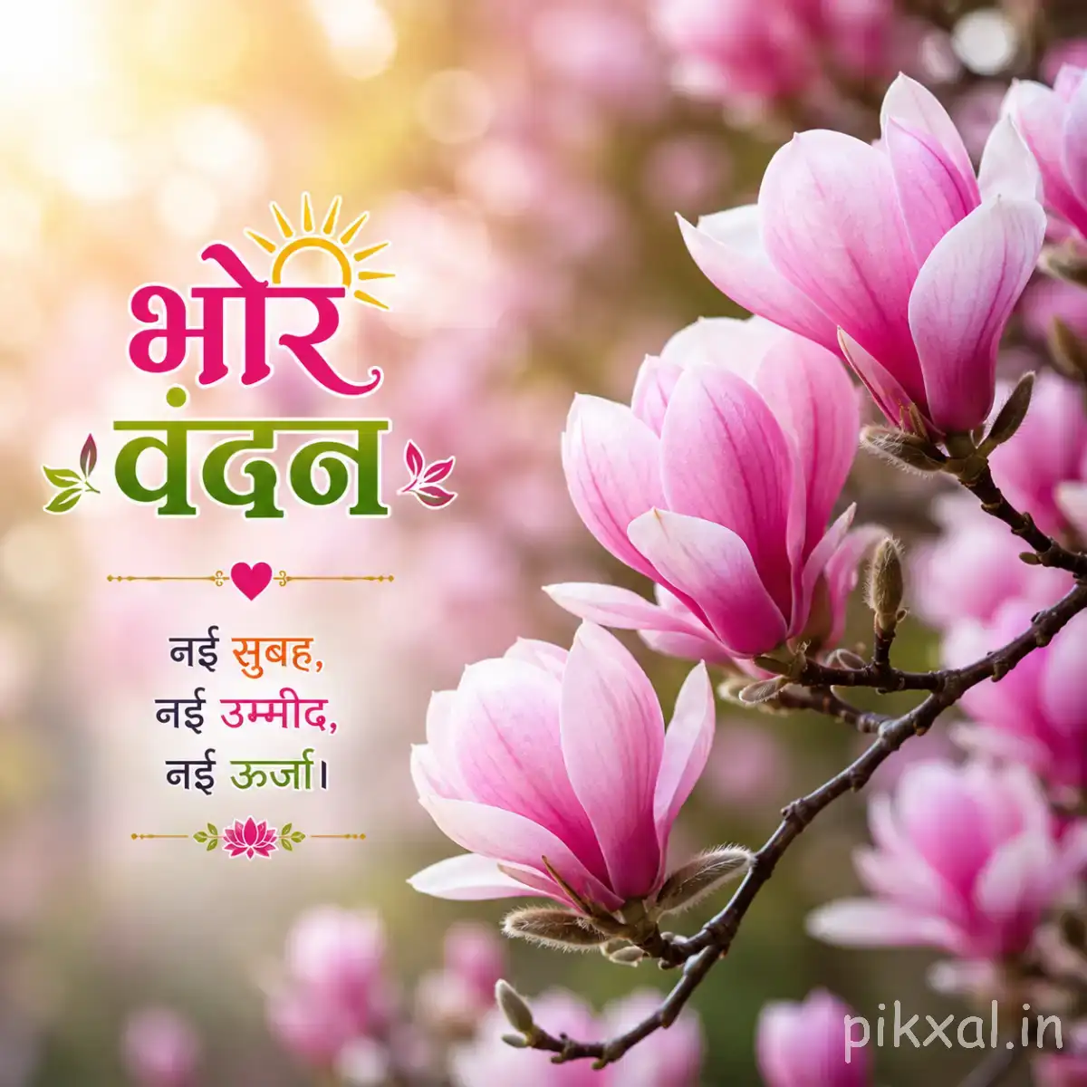 Several pale pink flowers with broad overlapping petals along a dark branch against a softly blurred background with a Hindi morning wish