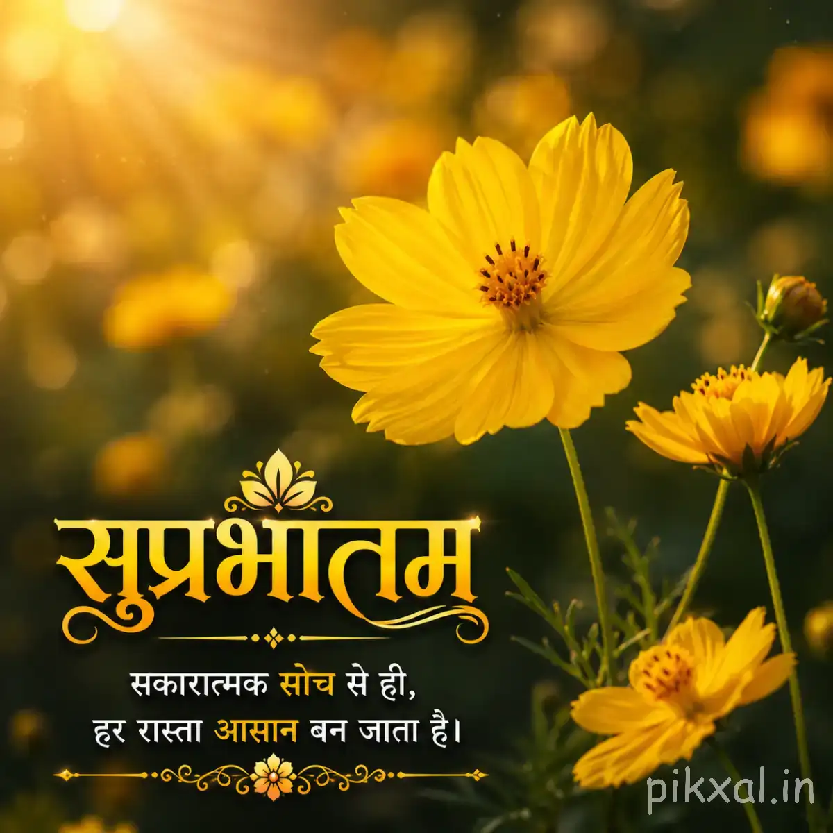 Several yellow flowers with dark centers and green stems against warm golden bokeh with a Hindi Good Morning message