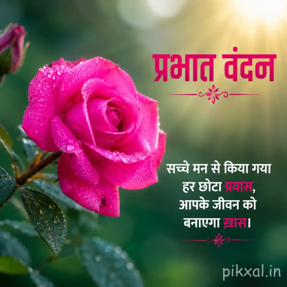 Bright pink flower with layered petals and green leaves against softly blurred greenery with a Hindi morning greeting