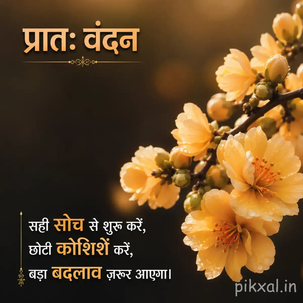 Cluster of small pale yellow flowers on leafy branches against a dark background with a Hindi morning message