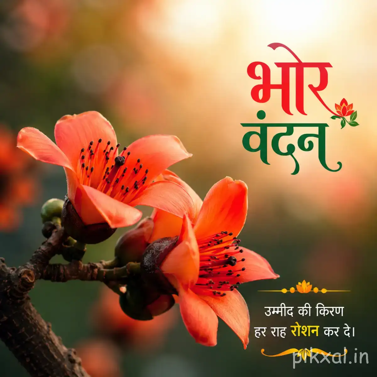 Several orange-red flowers with dark spotted centers along a woody branch against a warm blurred background with a Hindi morning wish