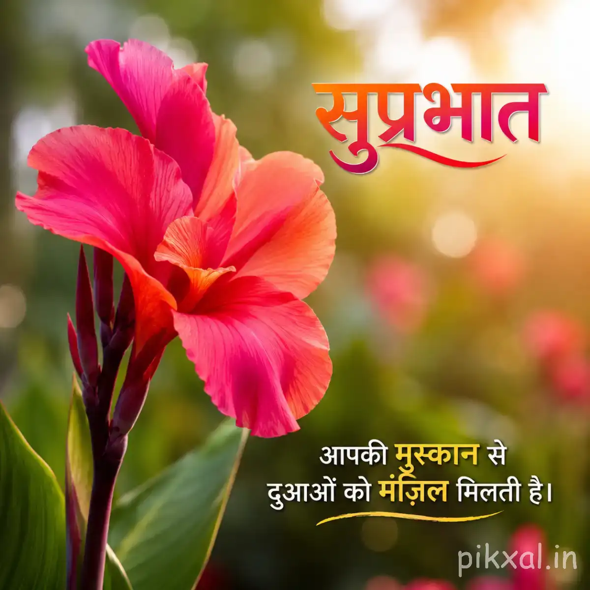 Bright pink and orange flower with broad petals and green leaves against colorful bokeh with a Hindi Good Morning greeting