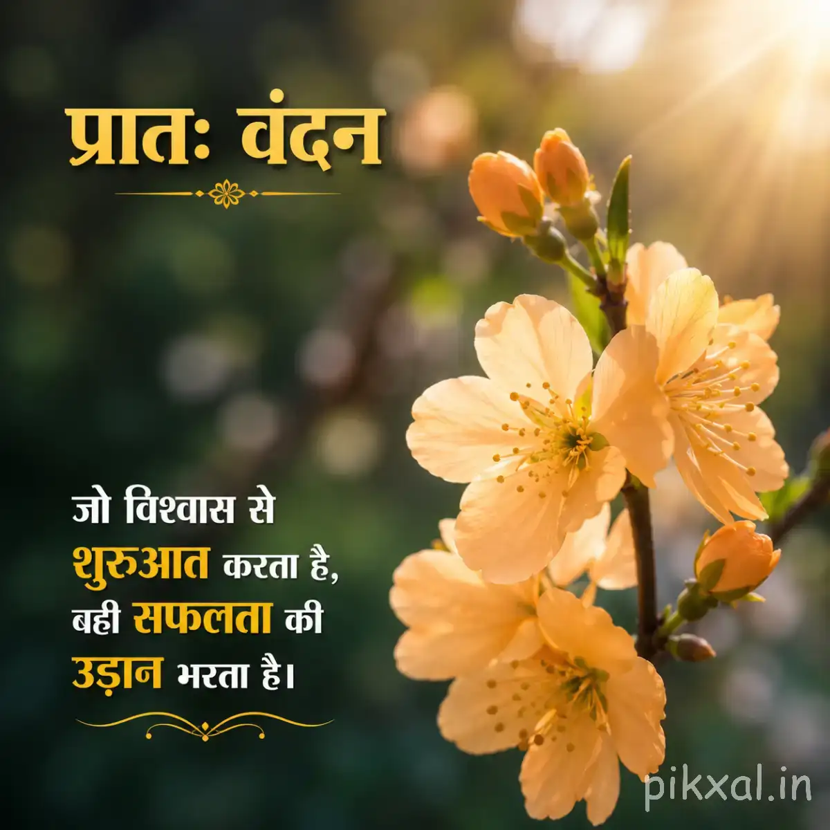 Several pale peach flowers on a leafy branch against warm golden light with a Hindi morning message