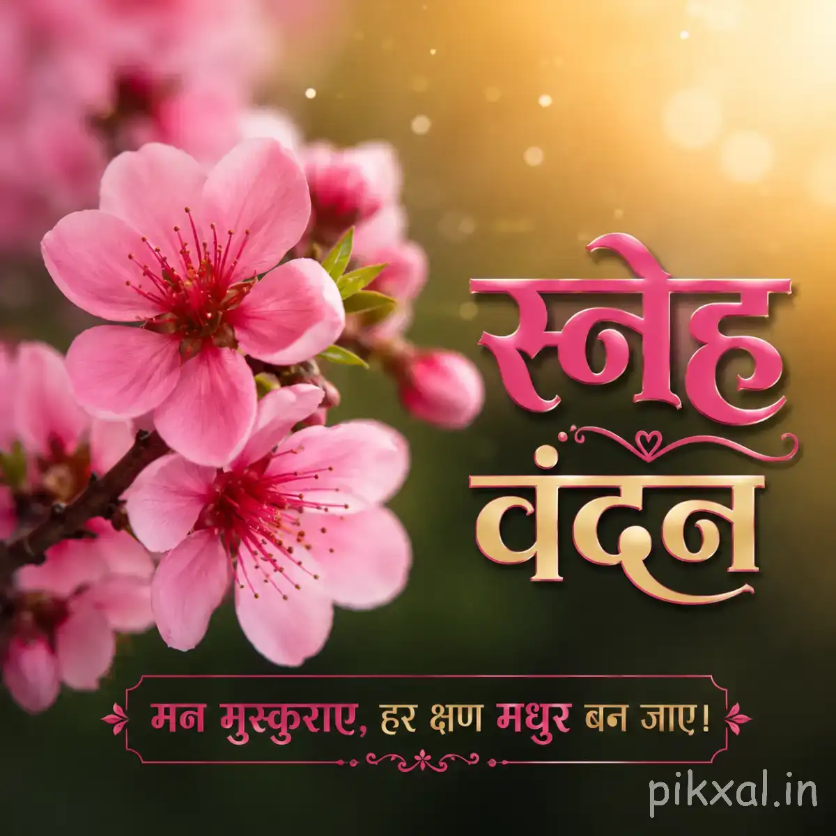 Cluster of pink flowers with rounded layered petals against warm golden bokeh with a Hindi morning wish