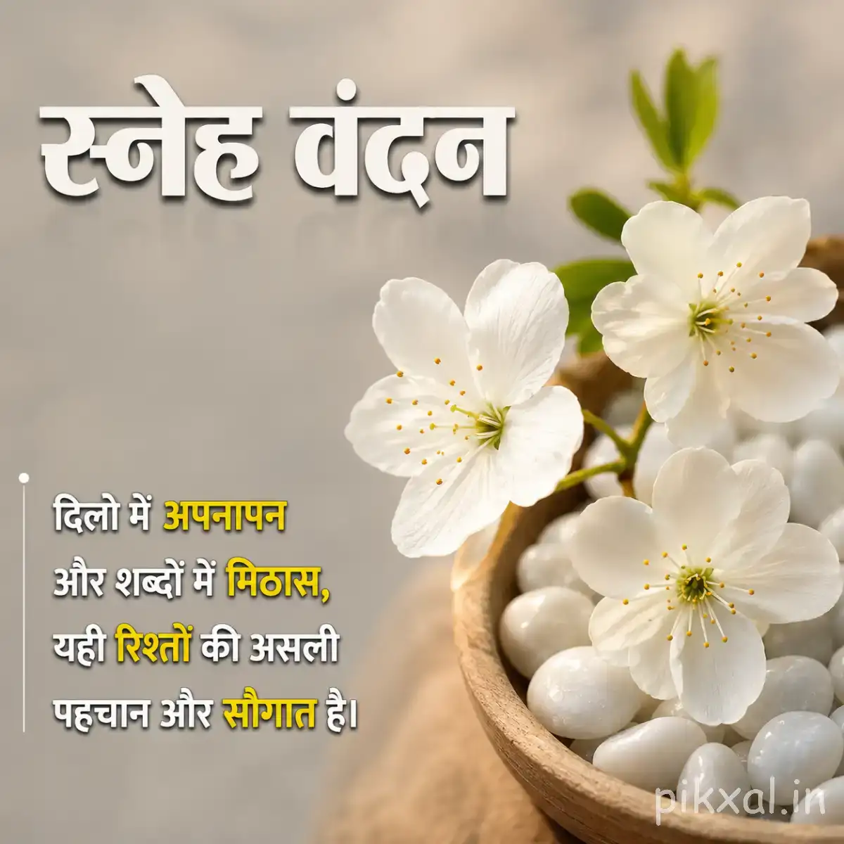 Several white flowers with yellow centers resting beside smooth white stones and green leaves with a Hindi morning wish