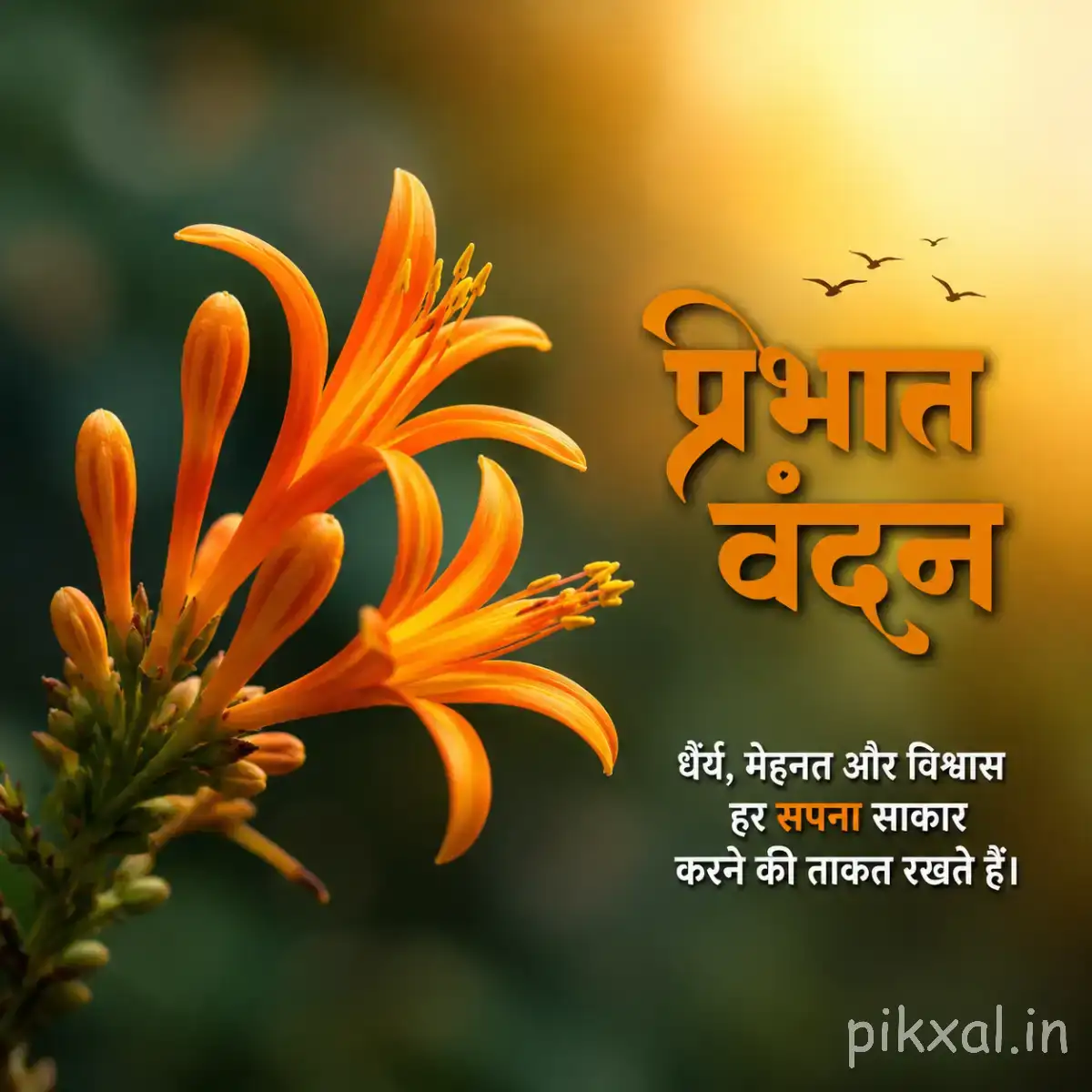 Orange flowers with long narrow petals and green leaves against a warm blurred background with a Hindi morning greeting