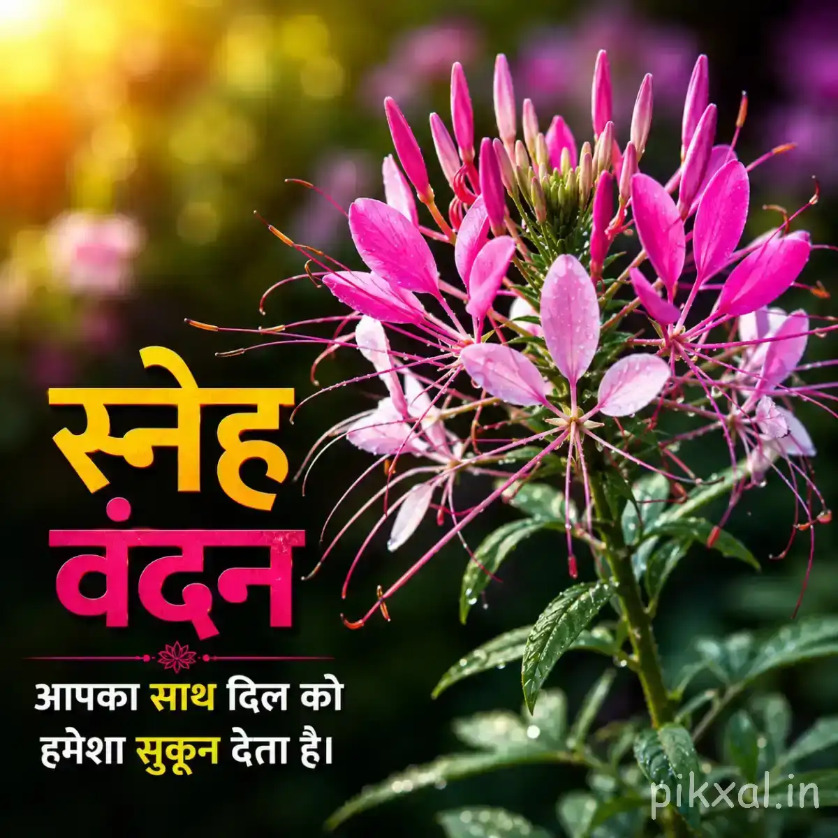 Pink flowers with narrow pointed petals in a dense cluster, surrounded by green leaves and soft blurred foliage