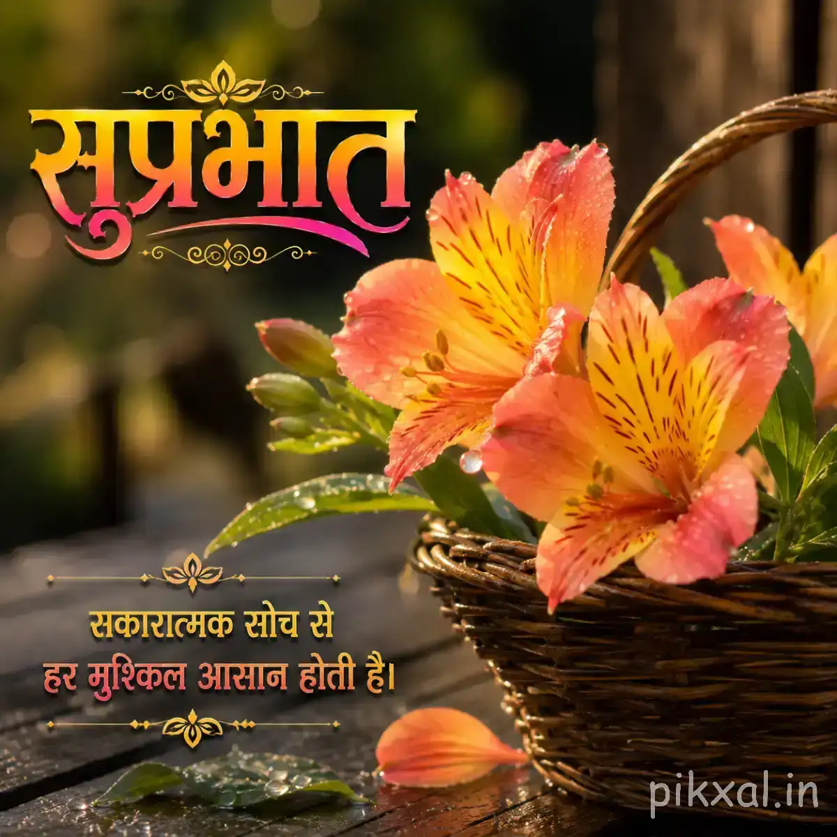 Orange and pink flowers with open layered petals arranged beside a rustic wooden surface and greenery