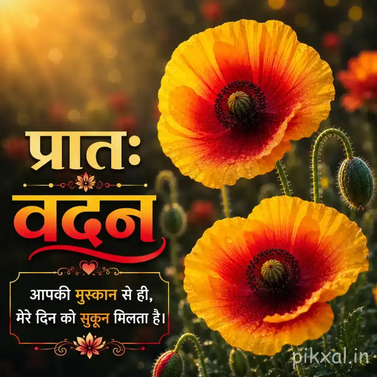 Two red-orange flowers with dark centers and broad rounded petals against a warm blurred background