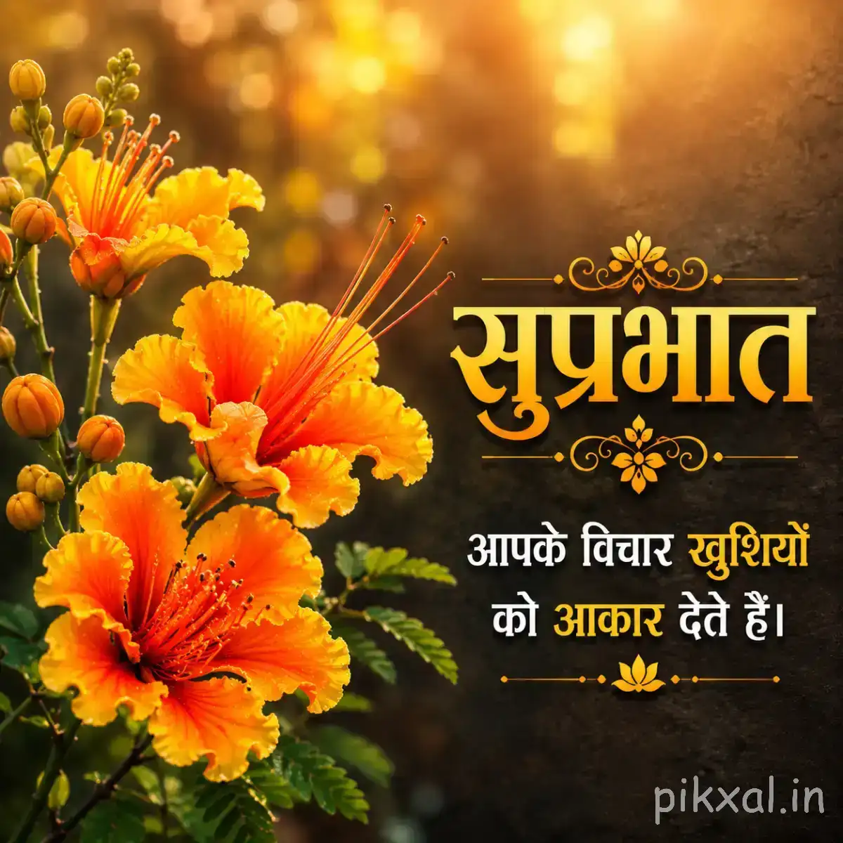 Several orange flowers with dark centers grouped along green stems against warm golden foliage