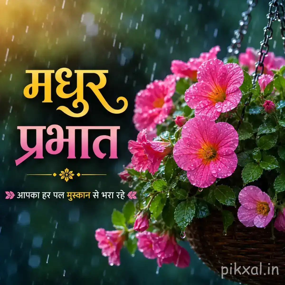 Several pink flowers clustered on leafy branches with visible water droplets against a softly blurred background