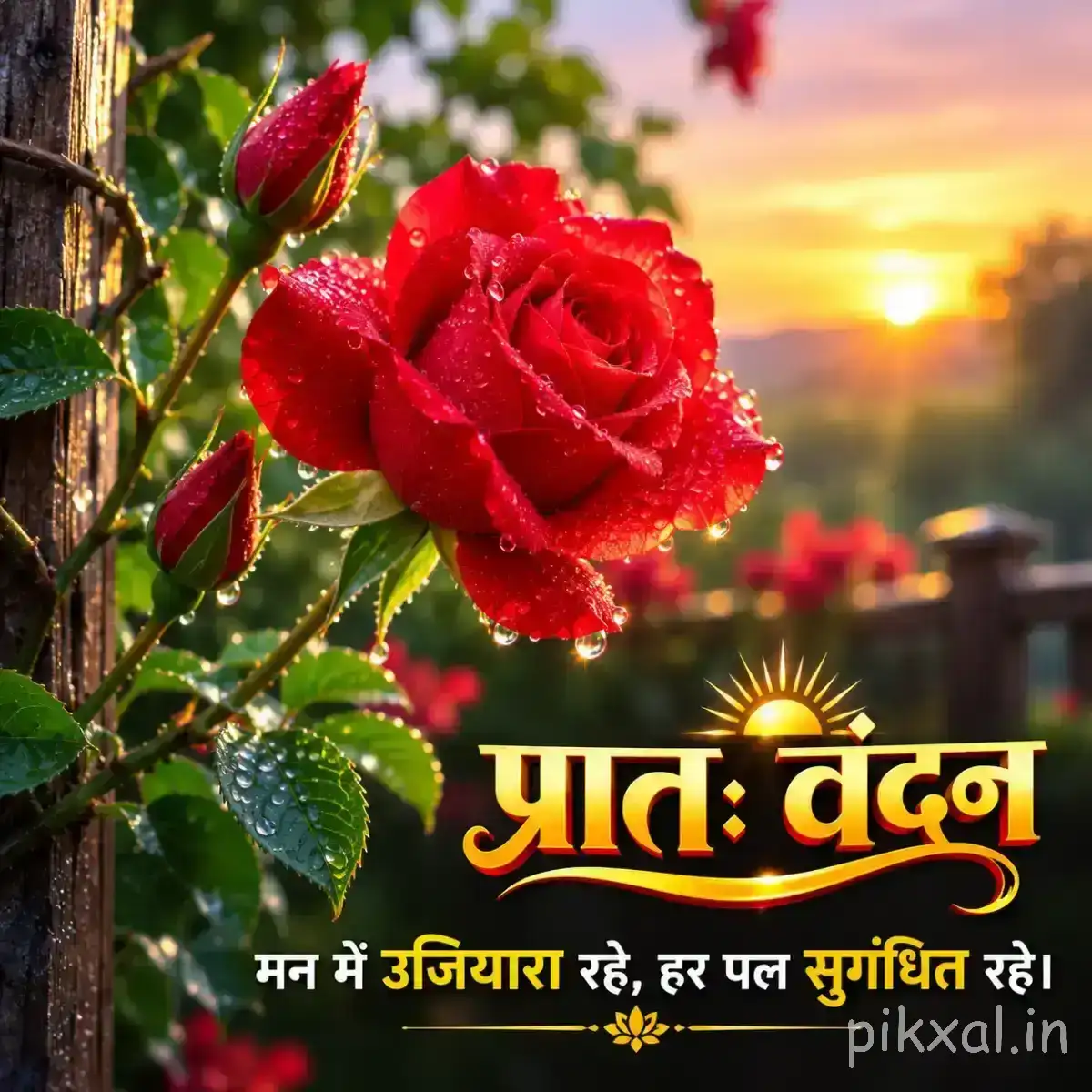 Red layered flower with an unopened bud on a leafy stem against a glowing sunrise background