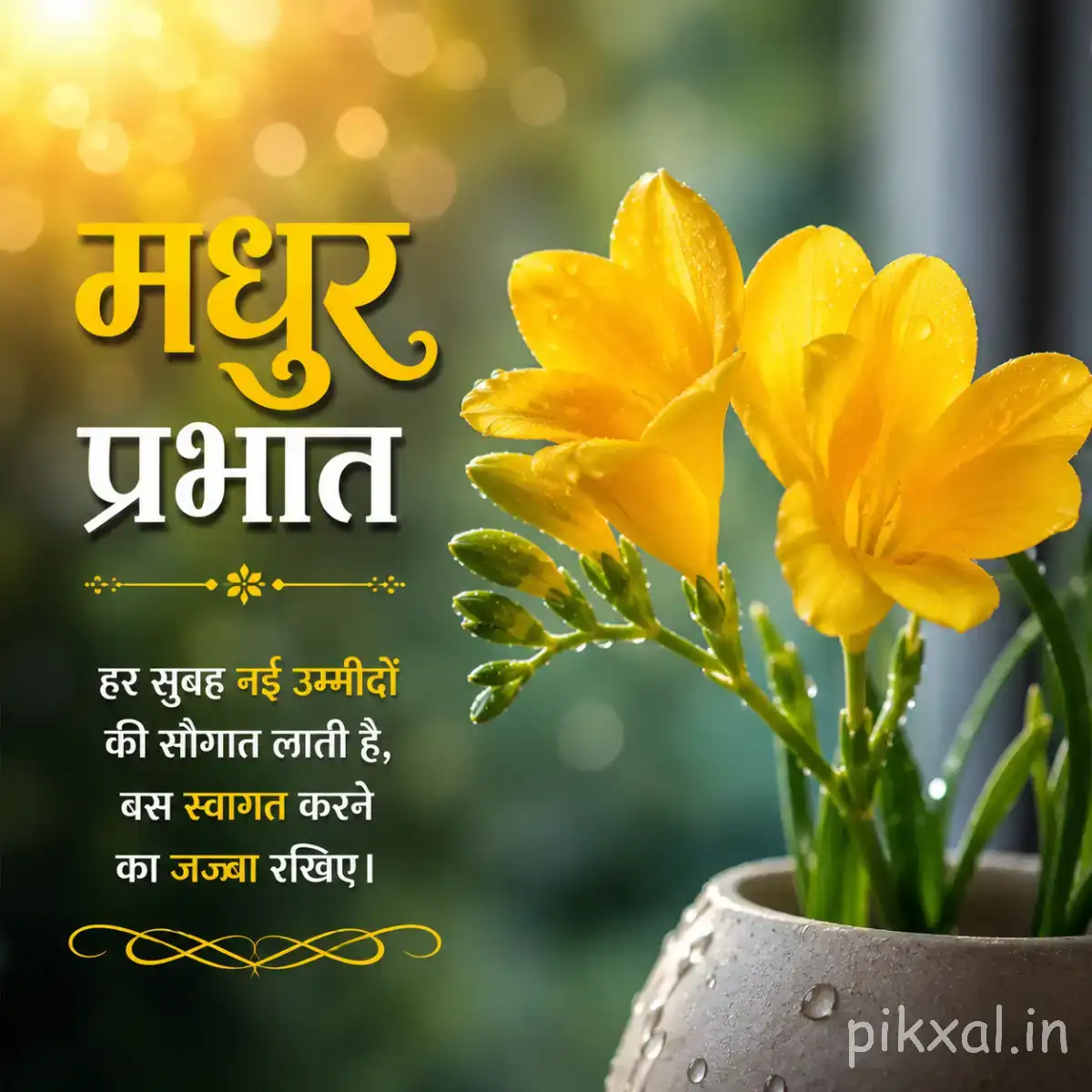 Several yellow flowers with layered petals arranged in a white vase with fallen petals nearby