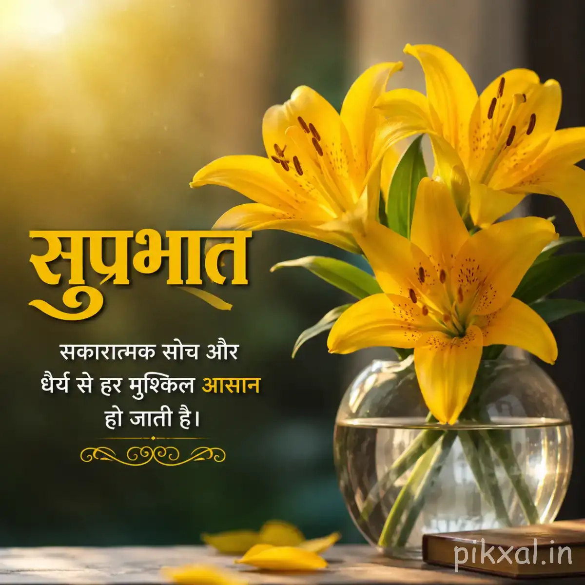 Yellow flowers with narrow overlapping petals arranged in a glass vase beside a Hindi Good Morning wish