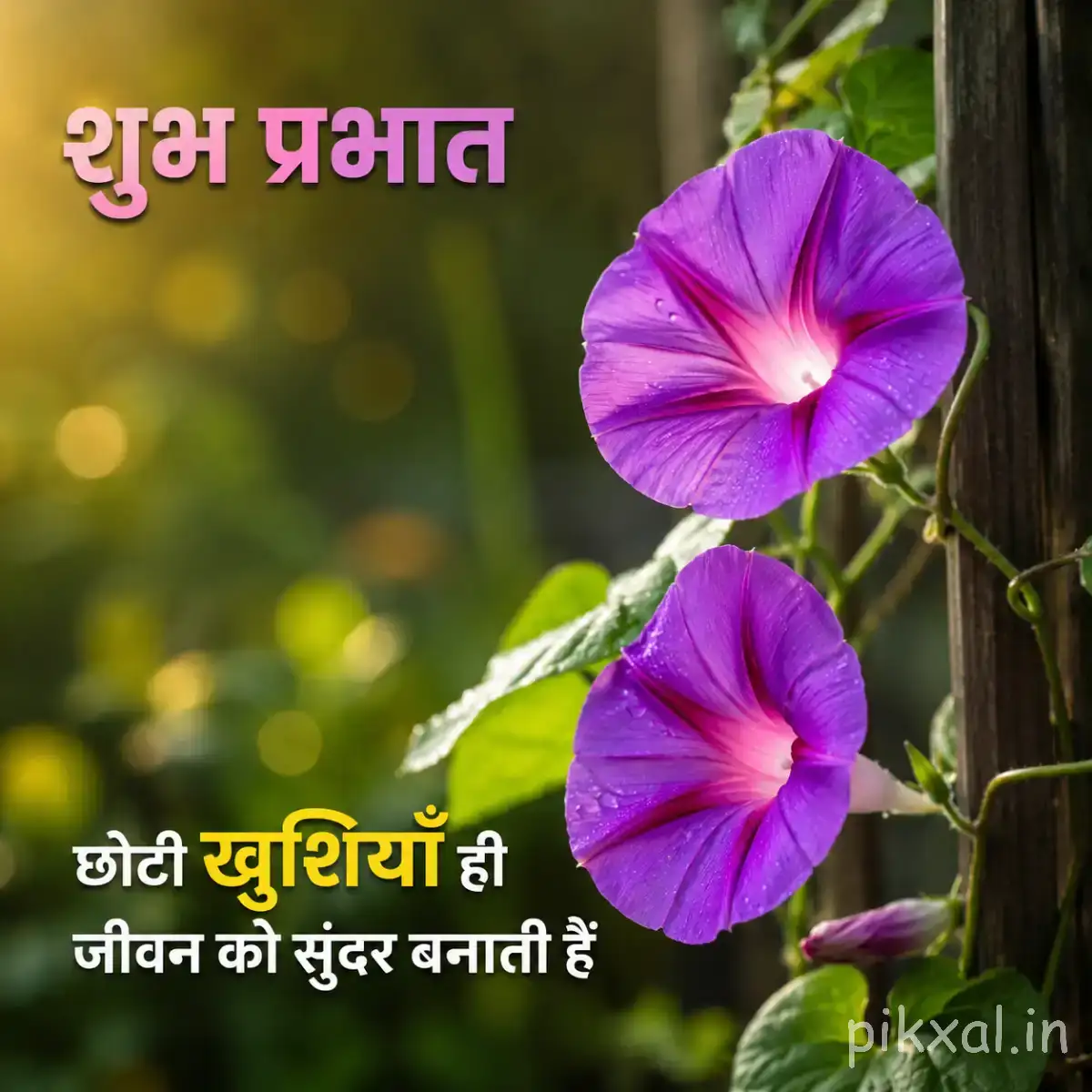 Two purple trumpet-shaped flowers on slender stems with green foliage and a Hindi morning wish