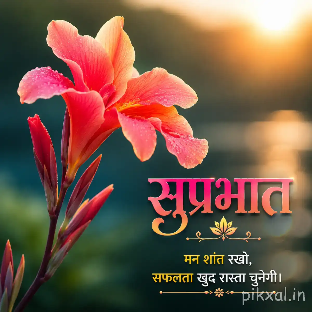 Pink-orange flower with broad overlapping petals and unopened buds against a glowing sunrise