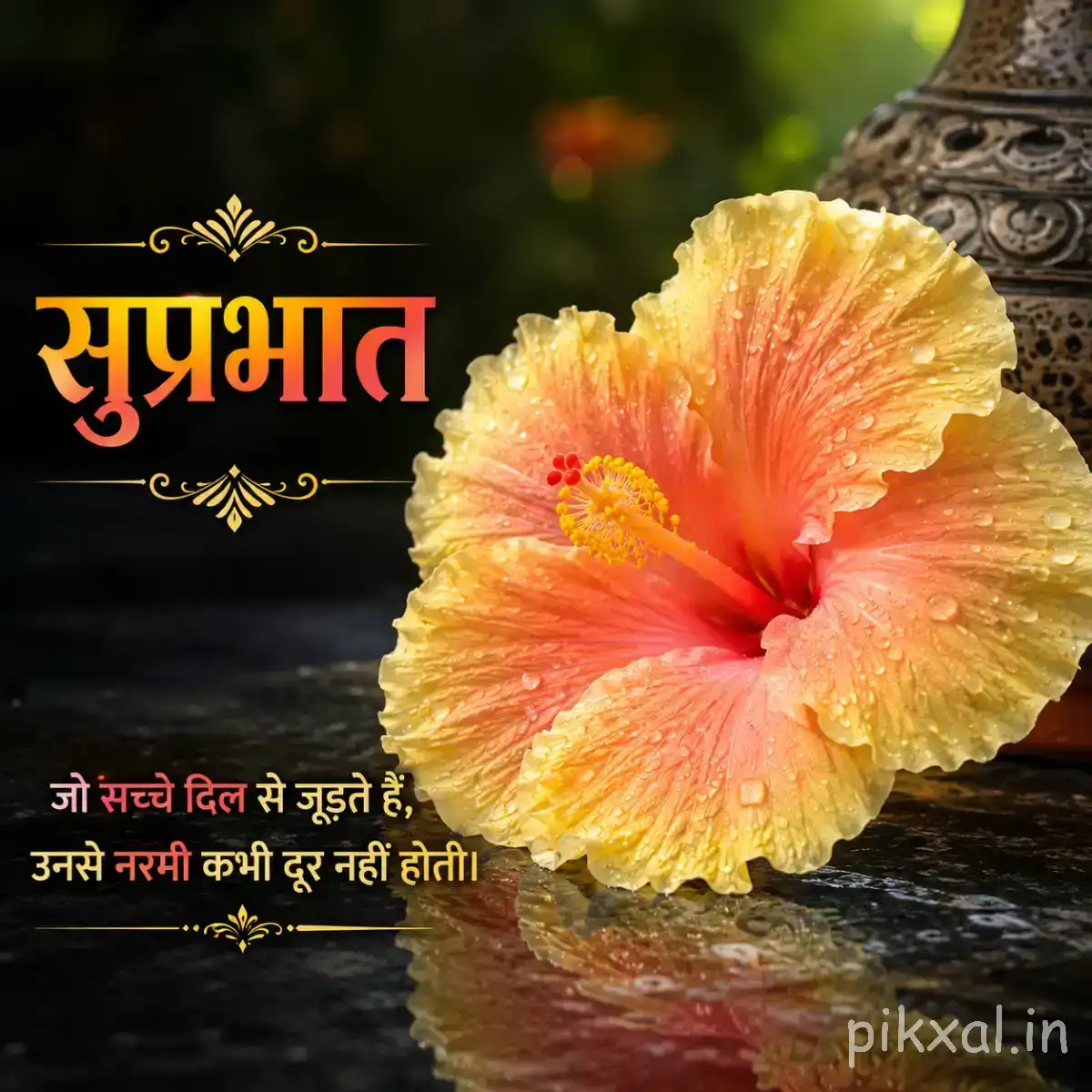 Large peach and yellow flower with a dark center beside reflective water and blurred greenery