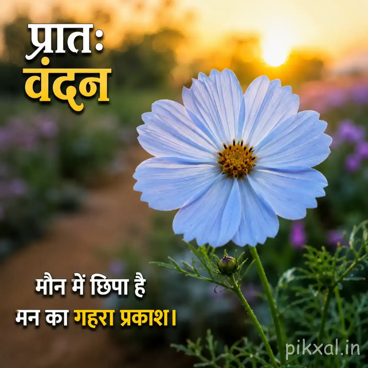 Single pale blue flower with rounded petals and a yellow center surrounded by green foliage