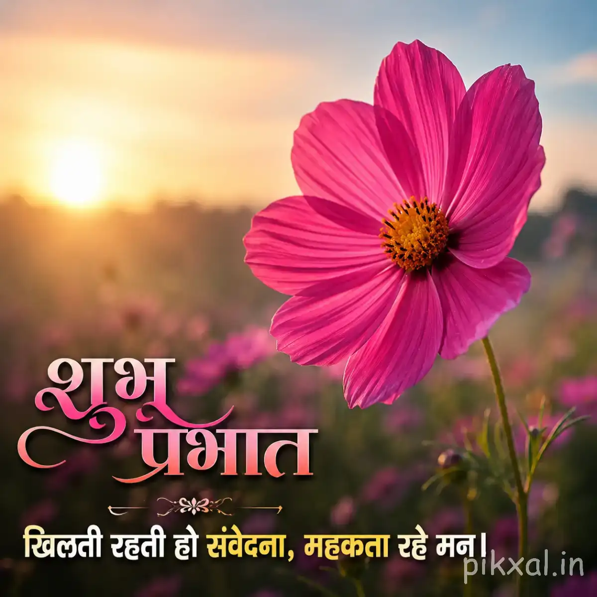Single bright pink flower with broad overlapping petals against a warm sunrise and green foliage