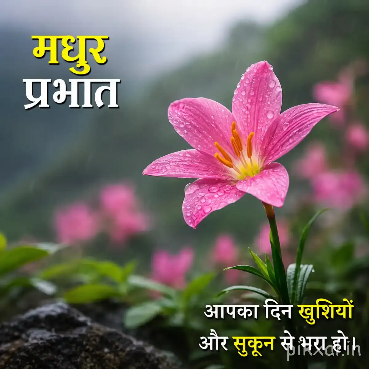 Single pink flower with five rounded petals and a yellow center above green foliage