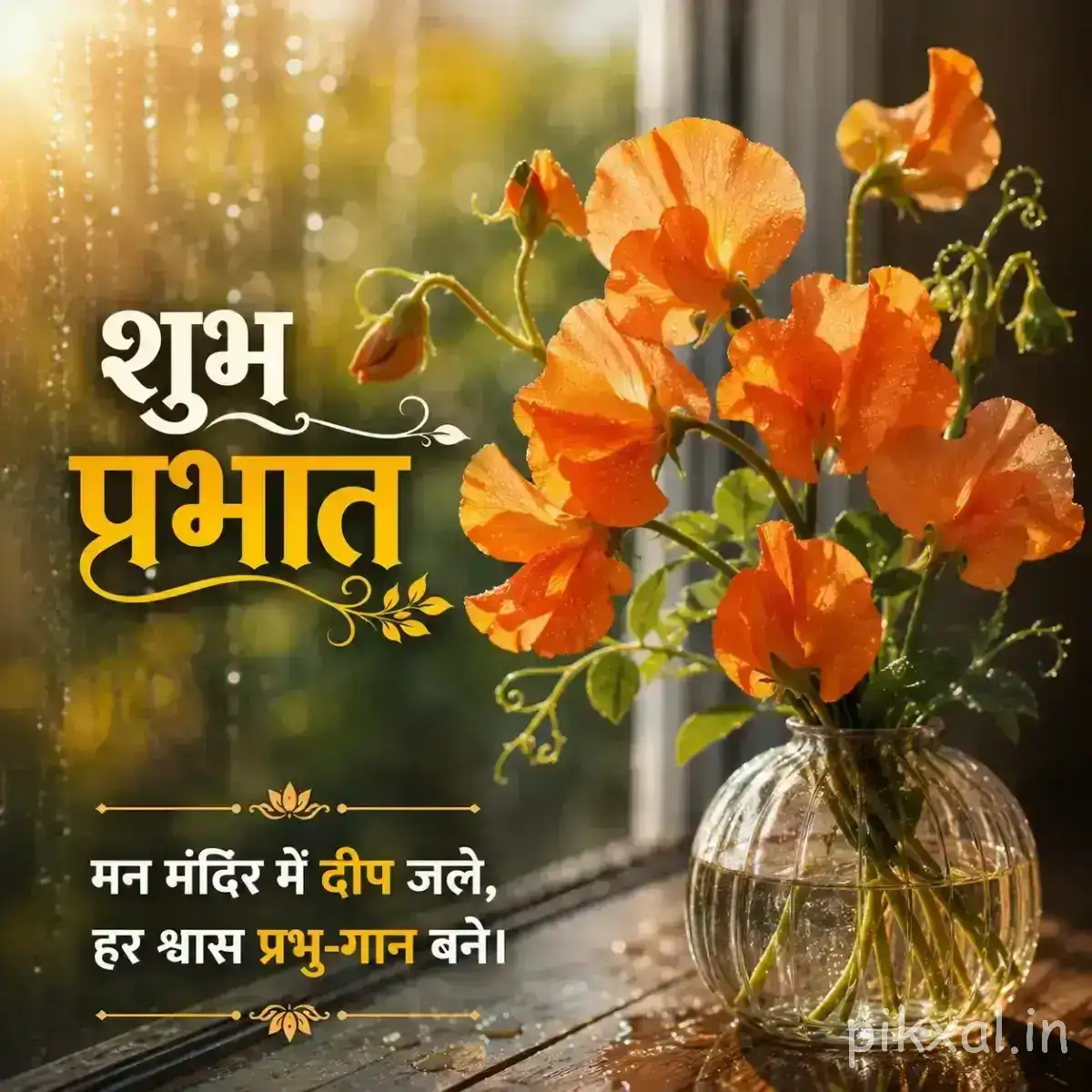 Orange flowers with delicate petals arranged in a clear glass vase against warm golden foliage