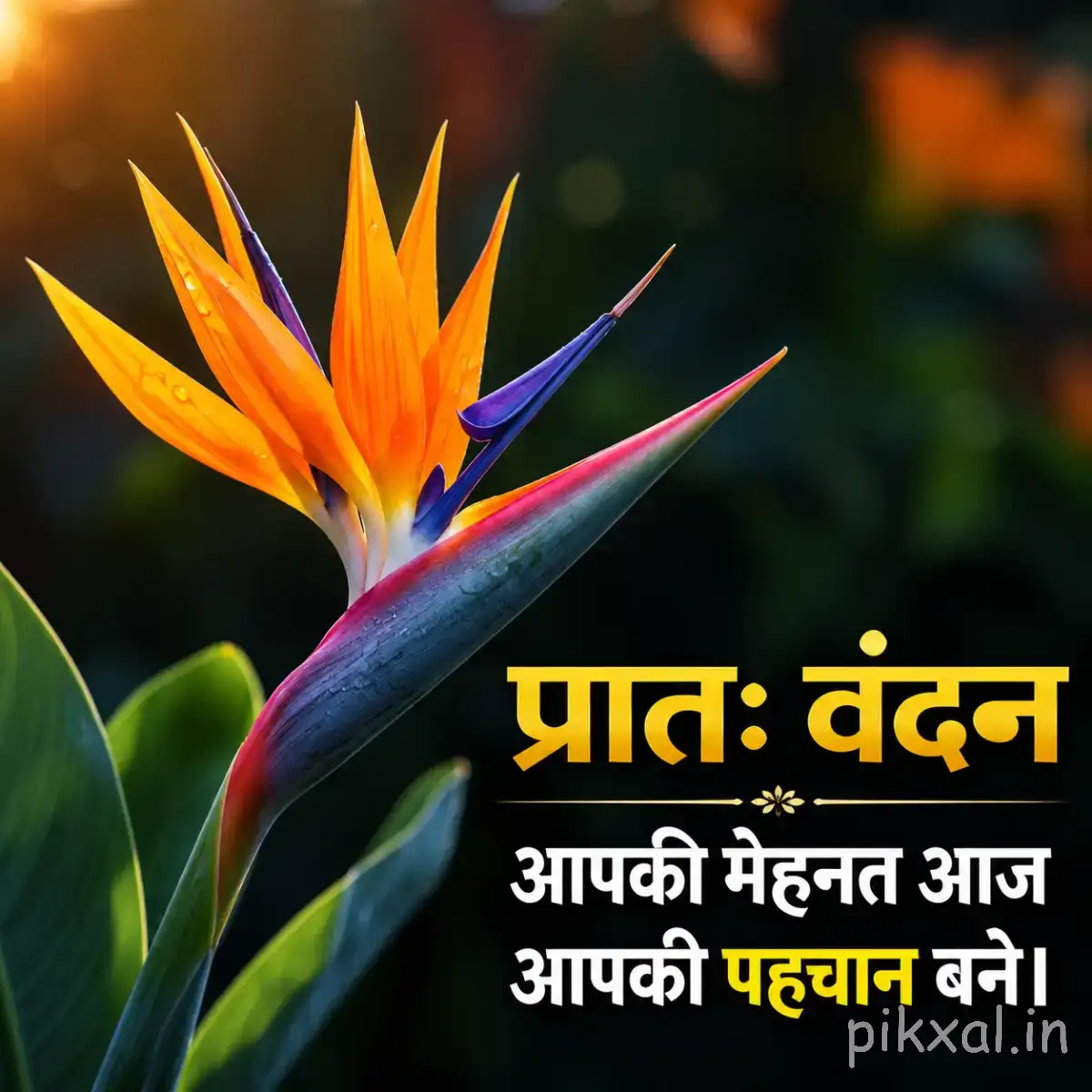 Orange pointed petals with blue accents and long green leaves against a warm blurred background