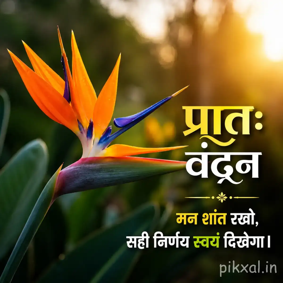 Orange pointed flowers with blue accents and long green leaves beside a Hindi morning greeting