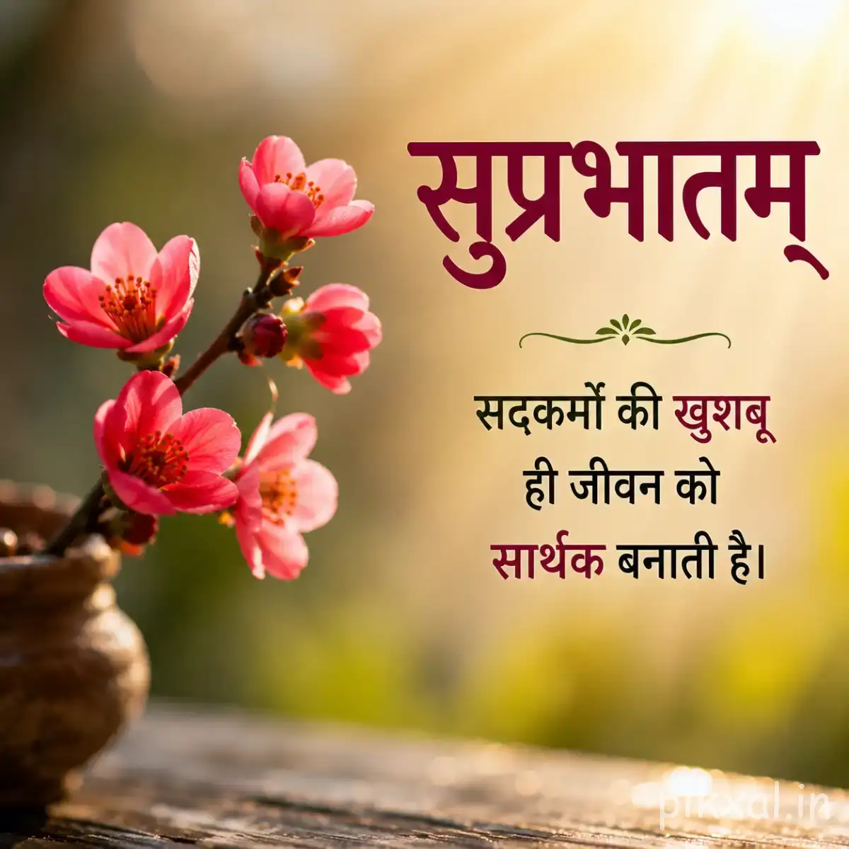 Small pink flowers on a branch arranged beside a vase against a softly blurred background with a Hindi Good Morning message