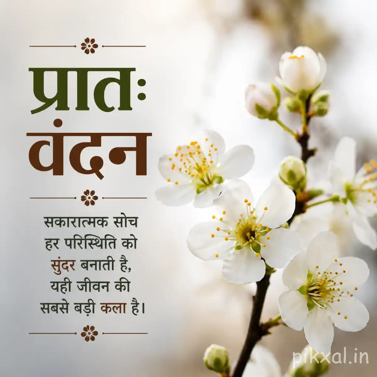 Small white flowers with yellow centers on a flowering branch beside a Hindi morning message