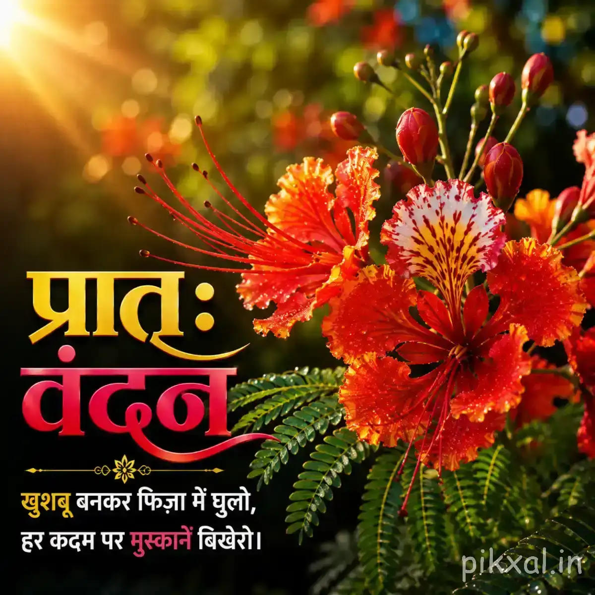 Cluster of orange-red flowers with thin stamens and unopened buds beside a Hindi morning wish