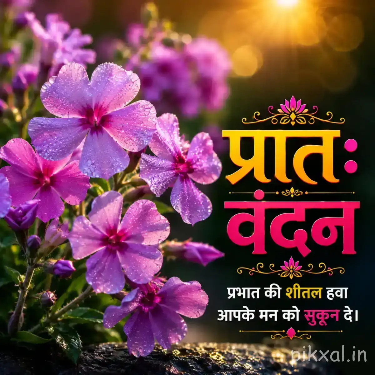 Cluster of purple flowers with green foliage beside a Hindi morning greeting