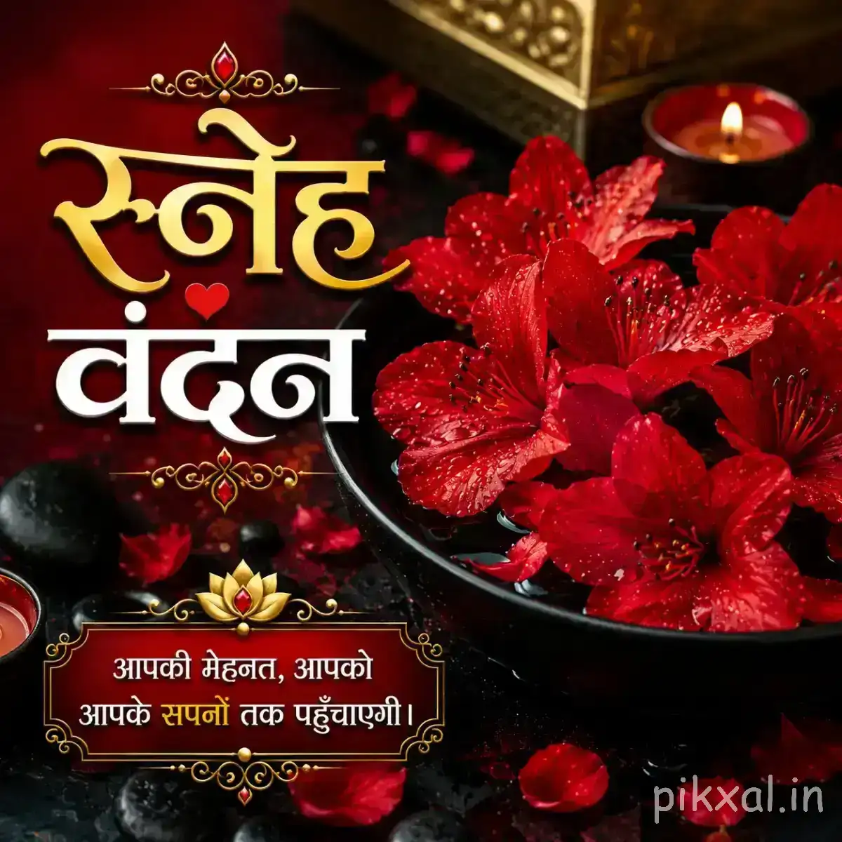 Latest Good Morning Flower Images with quotes in Deep red colour with warm decorative lights