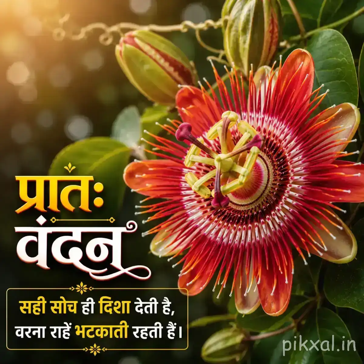 Large multicolored flower with red, orange, yellow and purple patterned petals beside a Hindi morning wish