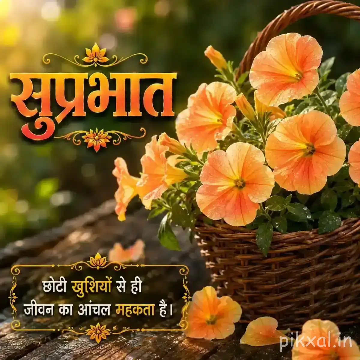Several peach-orange flowers with broad petals arranged in a basket beside a Hindi morning greeting