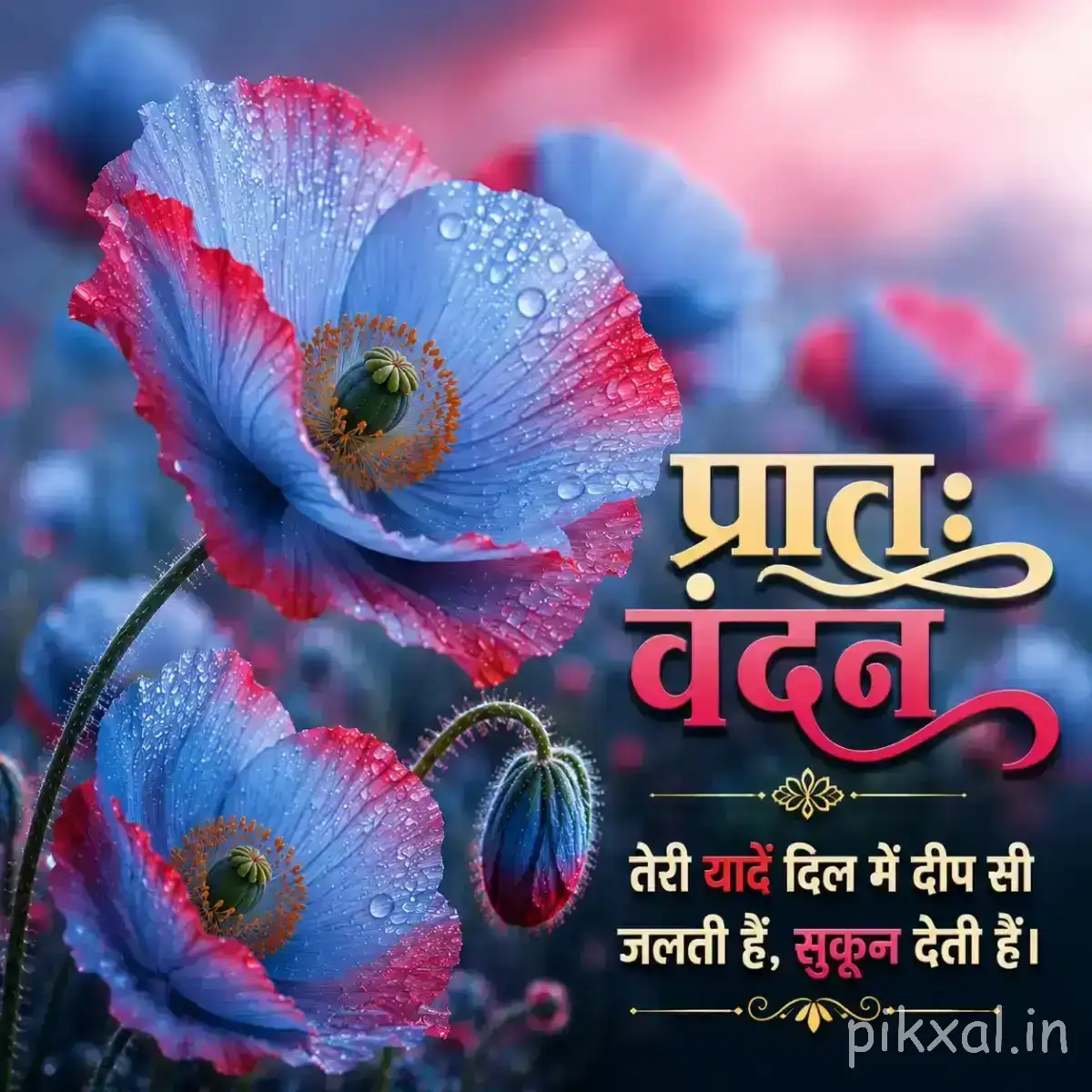 Pair of blue-red flowers with delicate layered petals and dark centers beside a Hindi morning wish