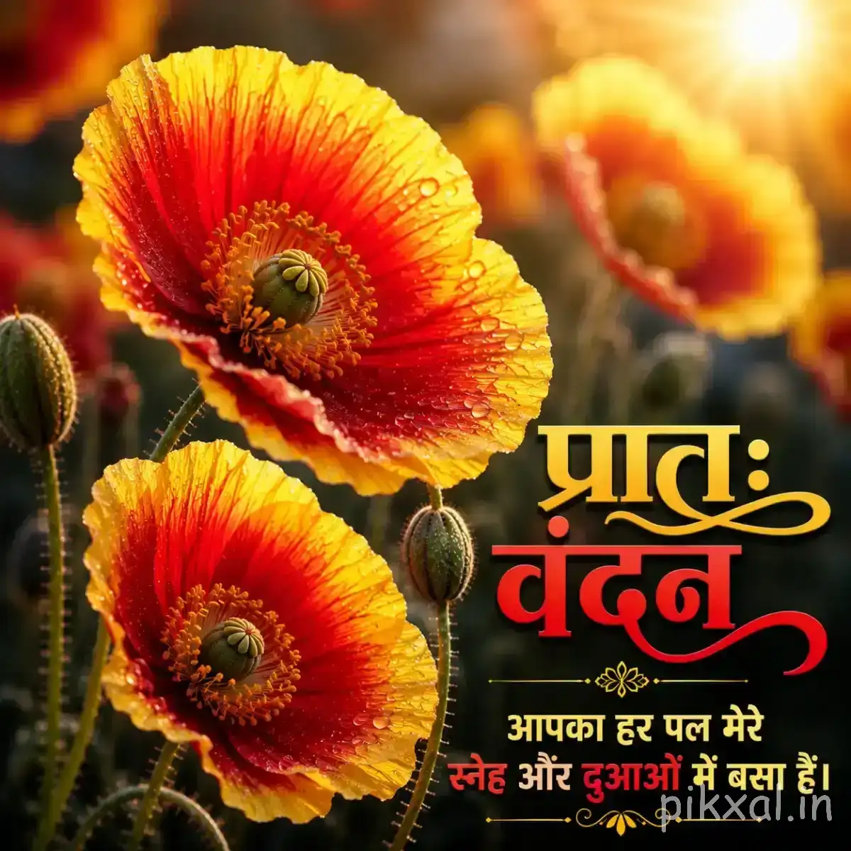 Two red-orange flowers with yellow centers and layered petals beside a Hindi morning greeting