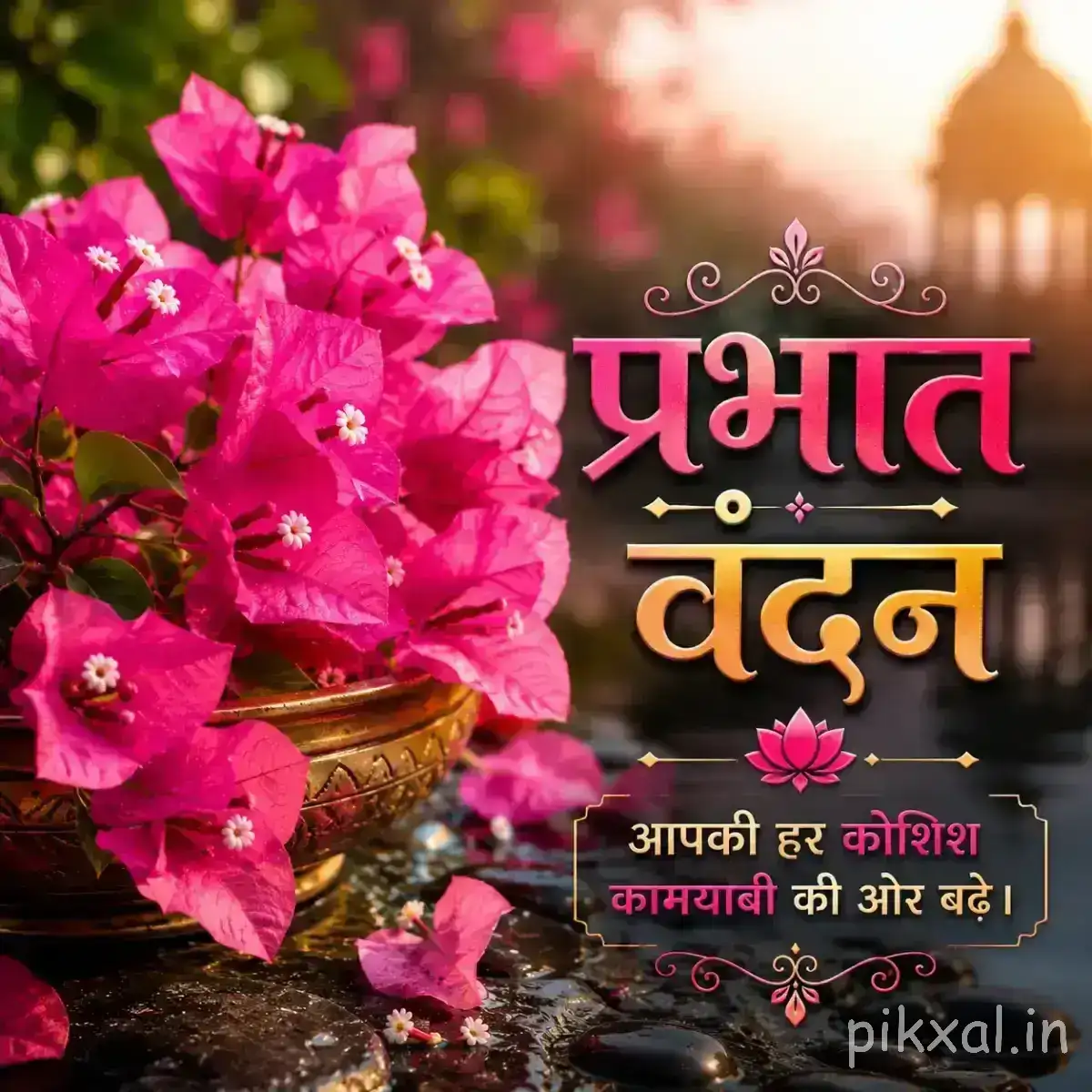 Cluster of bright pink flowers with green foliage, warm sunlight, and a softly blurred temple-like background